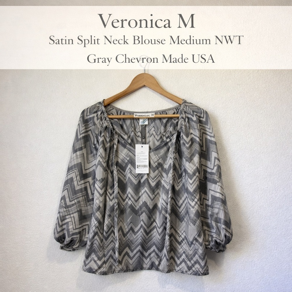 Veronica M Satin Split Neck Blouse Medium NWT Gray Chevron Made USA